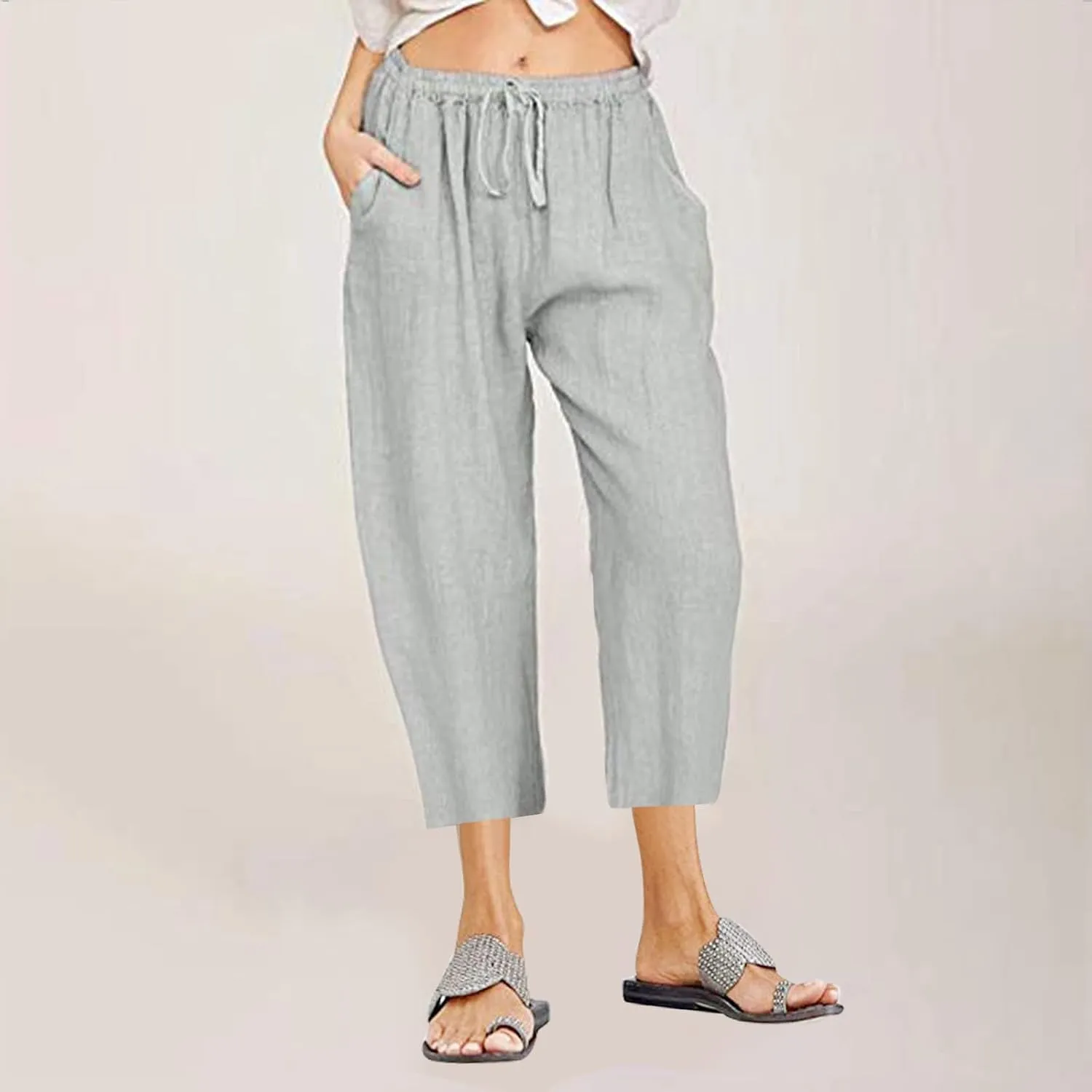ZDRZK Lightweight Summer Pants Women Casual Cotton Linen Cropped Pants Elastic Waist Drawstring Wide Leg Capris Trousers
