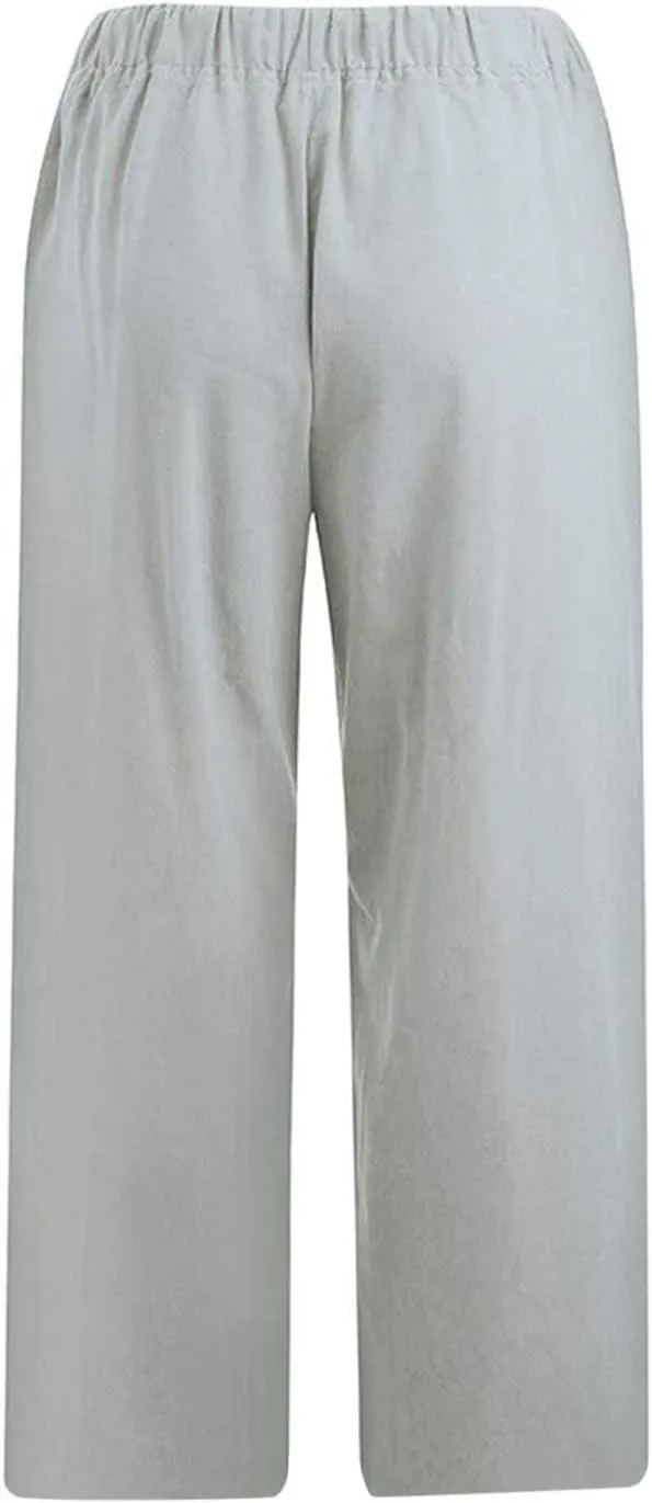 ZDRZK Lightweight Summer Pants Women Casual Cotton Linen Cropped Pants Elastic Waist Drawstring Wide Leg Capris Trousers