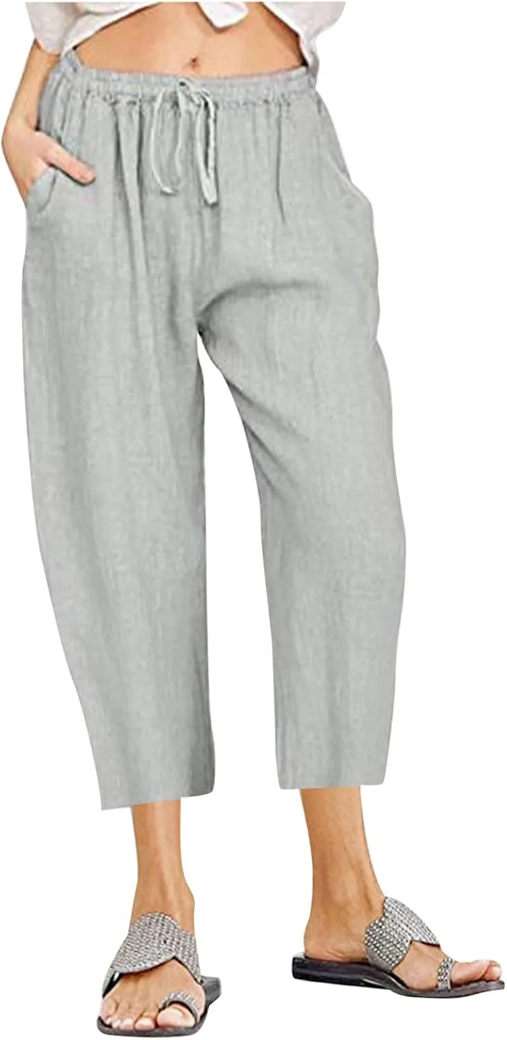ZDRZK Lightweight Summer Pants Women Casual Cotton Linen Cropped Pants Elastic Waist Drawstring Wide Leg Capris Trousers
