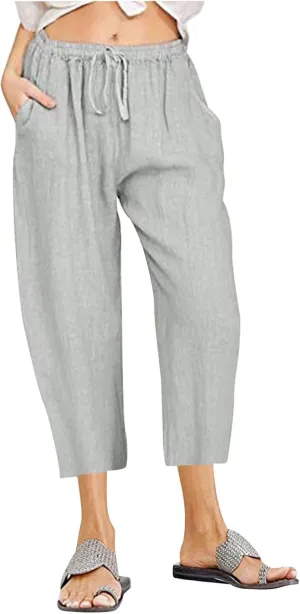 ZDRZK Lightweight Summer Pants Women Casual Cotton Linen Cropped Pants Elastic Waist Drawstring Wide Leg Capris Trousers