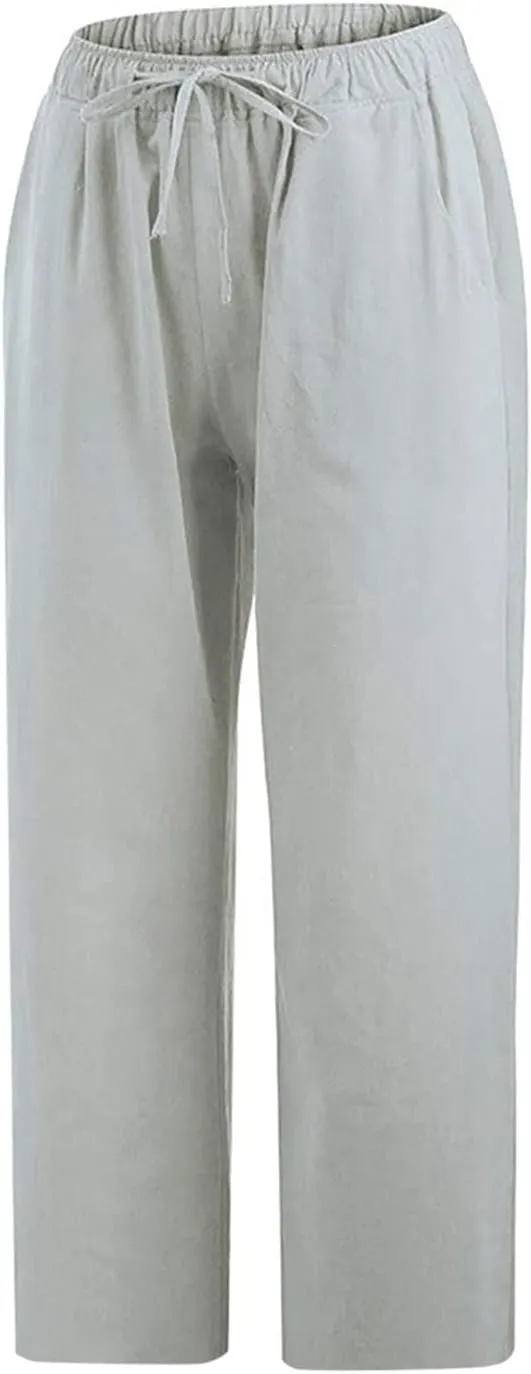 ZDRZK Lightweight Summer Pants Women Casual Cotton Linen Cropped Pants Elastic Waist Drawstring Wide Leg Capris Trousers