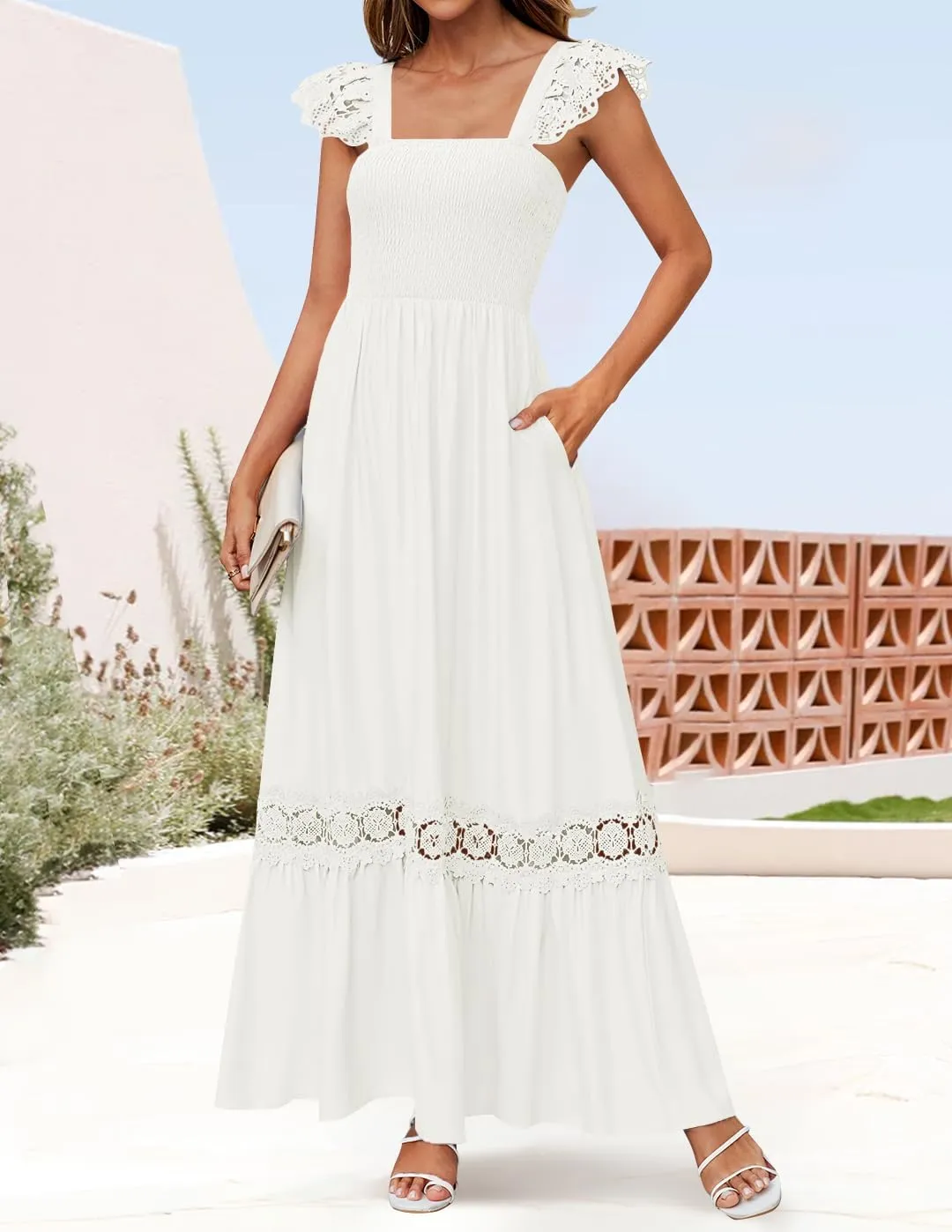 ZESICA Women's 2025 Summer Lace Strap Sleeveless Square Neck Smocked High Waist Ruffle Hollow Out Flowy A Line Maxi Dress