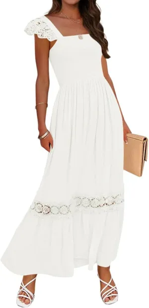 ZESICA Women's 2025 Summer Lace Strap Sleeveless Square Neck Smocked High Waist Ruffle Hollow Out Flowy A Line Maxi Dress