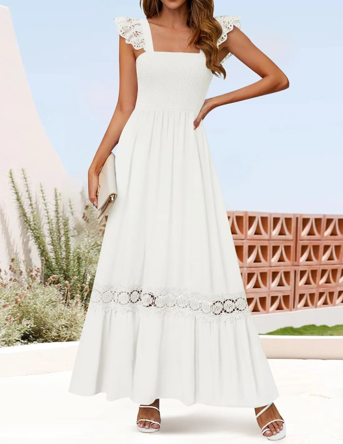ZESICA Women's 2025 Summer Lace Strap Sleeveless Square Neck Smocked High Waist Ruffle Hollow Out Flowy A Line Maxi Dress