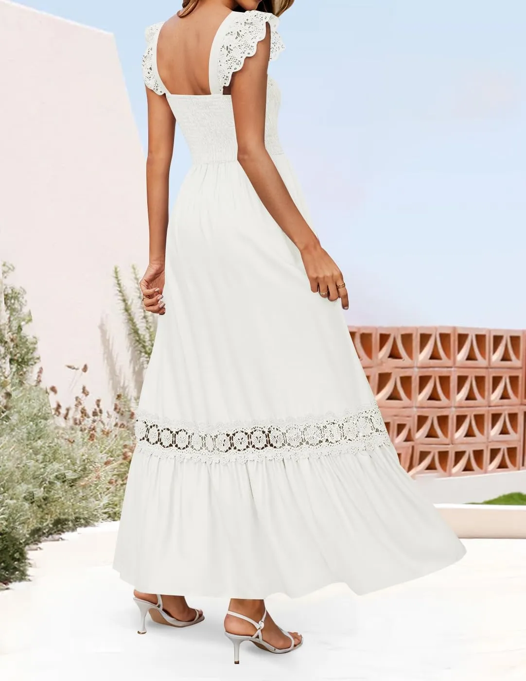 ZESICA Women's 2025 Summer Lace Strap Sleeveless Square Neck Smocked High Waist Ruffle Hollow Out Flowy A Line Maxi Dress