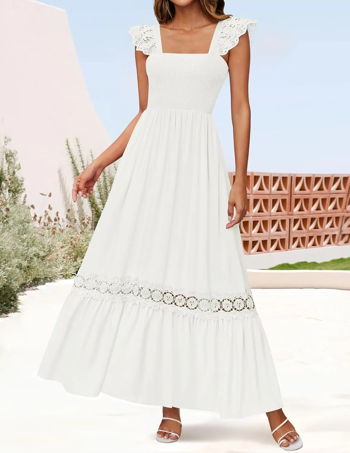 ZESICA Women's 2025 Summer Lace Strap Sleeveless Square Neck Smocked High Waist Ruffle Hollow Out Flowy A Line Maxi Dress
