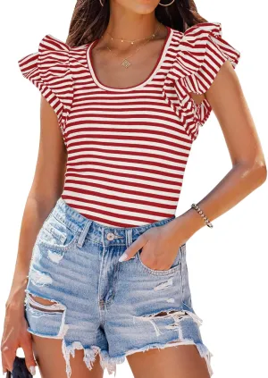 ZESICA Women's Ruffle Short Sleeve Striped T Shirts Summer Scoop Neck Slim Fitted Causal Basic Tee Tops