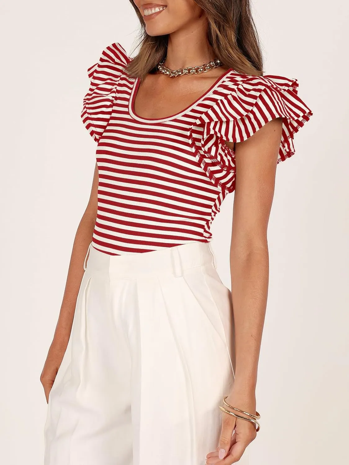 ZESICA Women's Ruffle Short Sleeve Striped T Shirts Summer Scoop Neck Slim Fitted Causal Basic Tee Tops