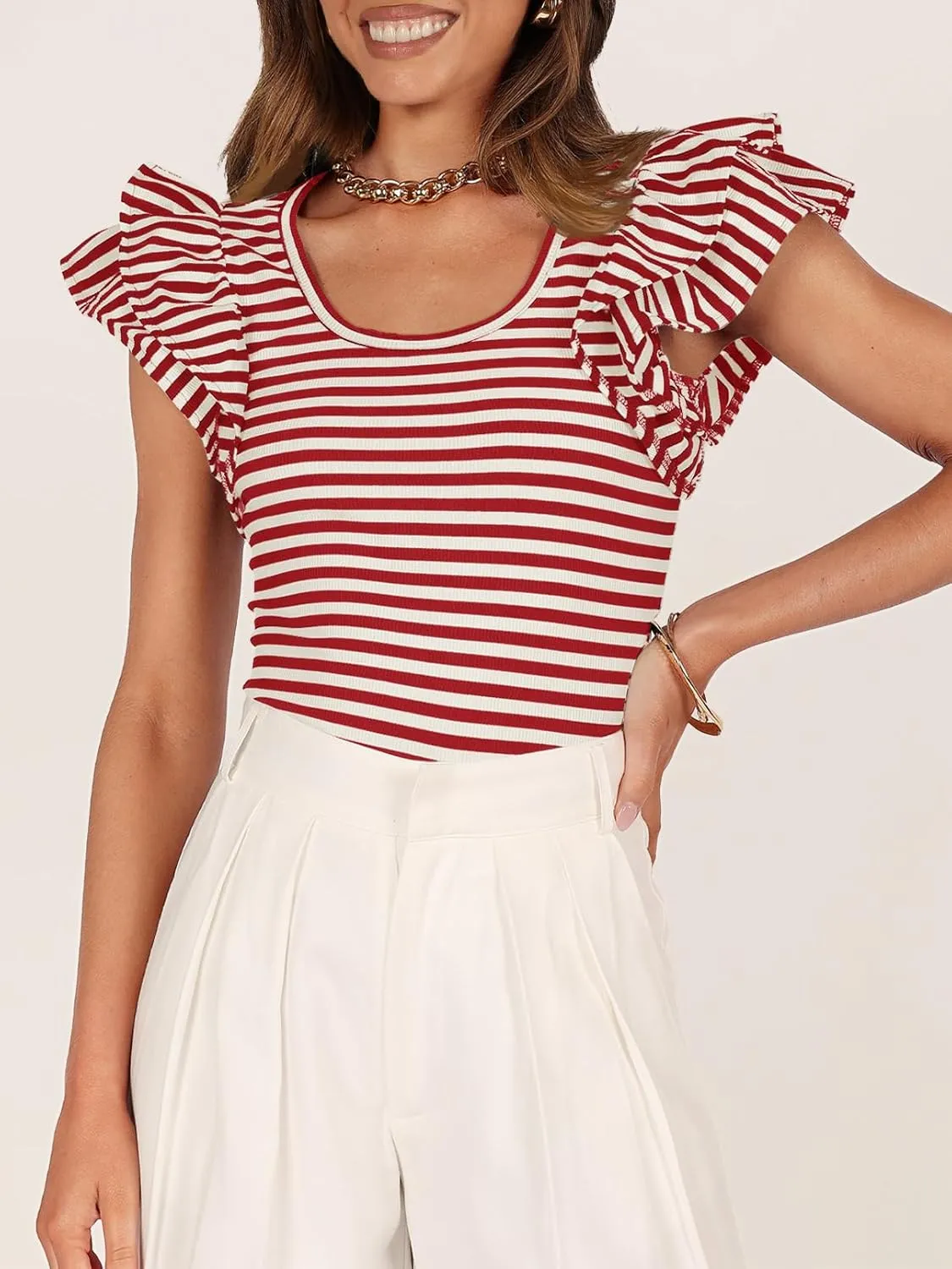 ZESICA Women's Ruffle Short Sleeve Striped T Shirts Summer Scoop Neck Slim Fitted Causal Basic Tee Tops