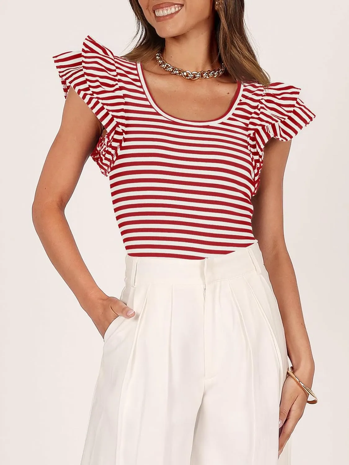 ZESICA Women's Ruffle Short Sleeve Striped T Shirts Summer Scoop Neck Slim Fitted Causal Basic Tee Tops
