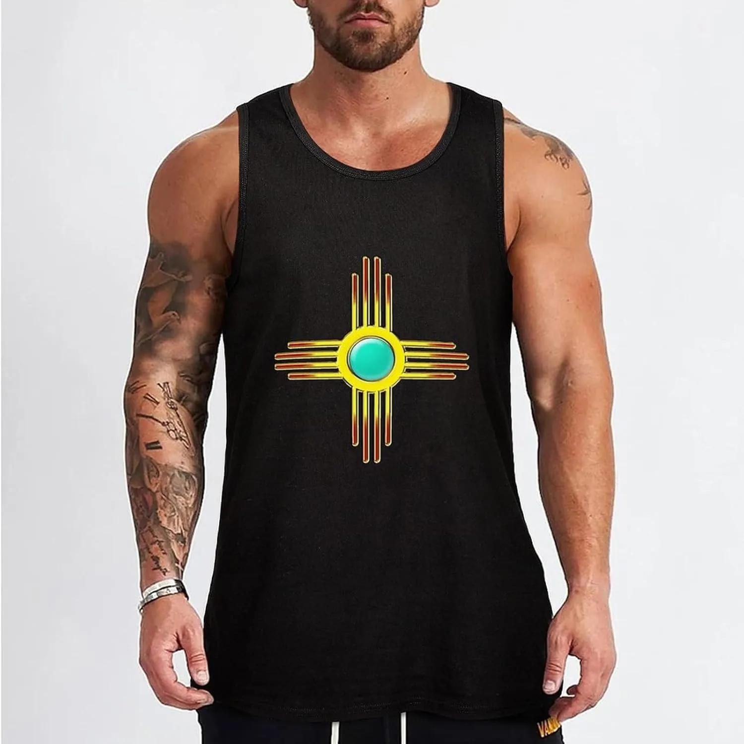 Zia Sun Pueblo New Mexico Men's Sleeveless Muscle Shirts Workout Tank Top Graphics Tee T Shirt