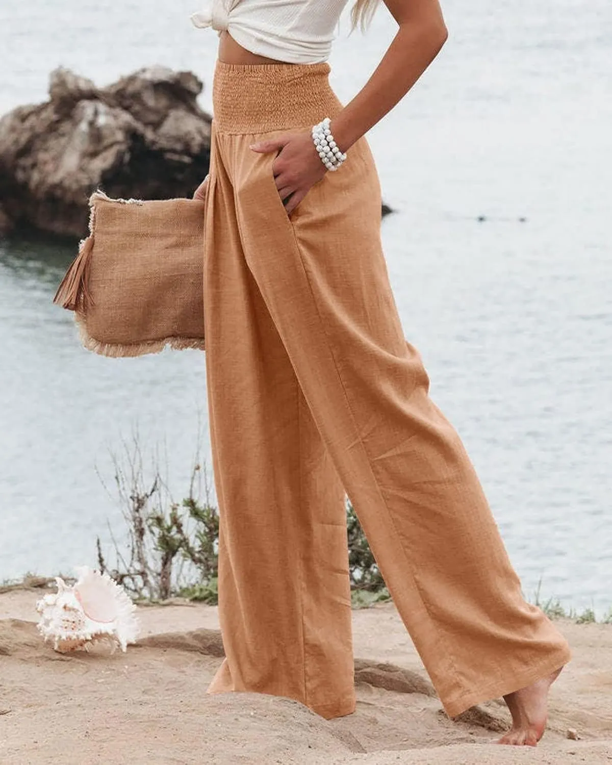 ZWRXW Linen Pants Women Summer High Waisted Wide Leg Pants Casual Lounge Pant Business Work Pants Comfy Lightweight Trousers