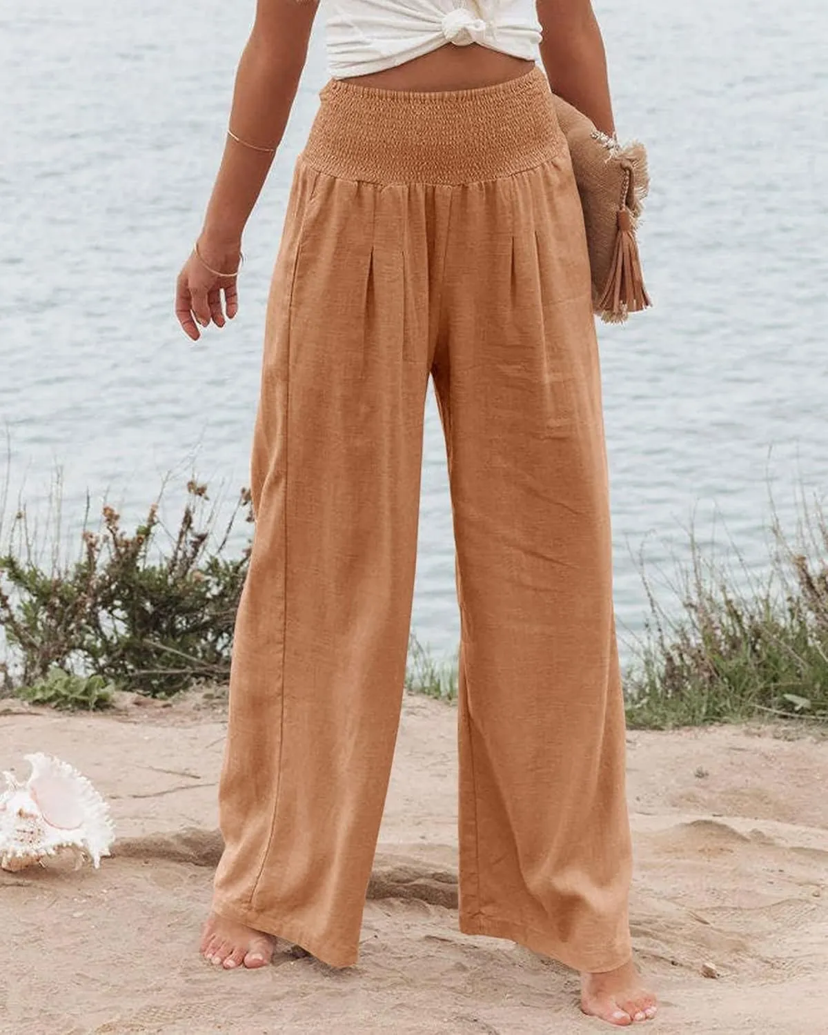 ZWRXW Linen Pants Women Summer High Waisted Wide Leg Pants Casual Lounge Pant Business Work Pants Comfy Lightweight Trousers